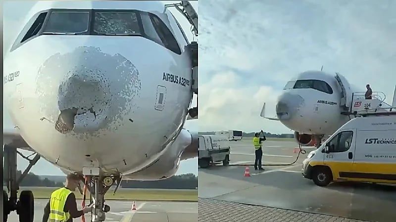 عاصفة برد توقف طائرة SkyUp بعد أضرار في المقدمة .. فيديو