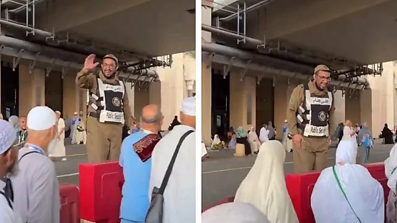 رجل أمن يخطف الأنظار في الحرم بدعائه واستقباله المؤثر للحجاج .. فيديو