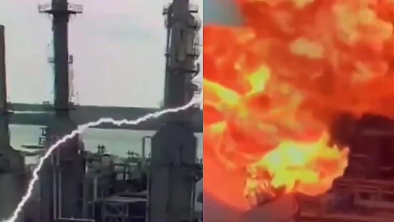 صاعقة تضرب خزان نفط وتتسبب بكارثة في أمريكا .. فيديو