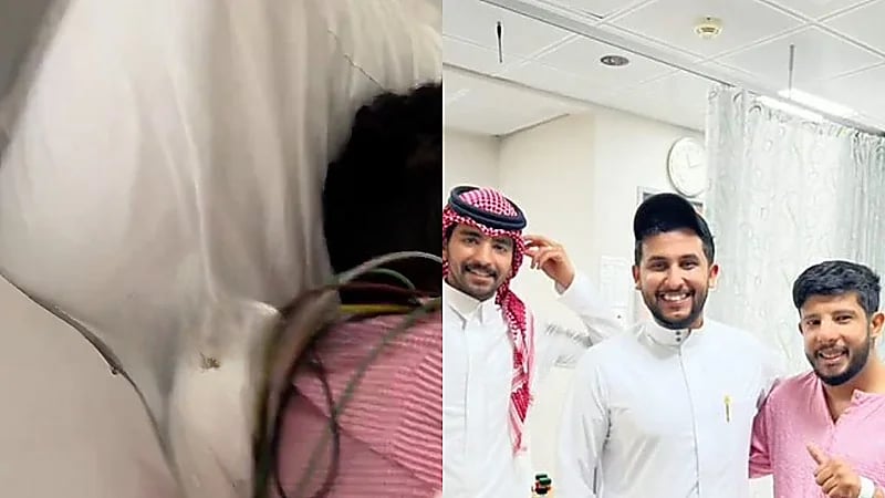 نايف حمدان يزور مريض بأحد المستشفيات ويهديه خوذة الجنود .. فيديو