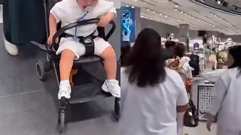 سارة الودعاني تغادر أحد المحلات برفقة 6 عاملات ومشرفات مع أطفالها .. فيديو