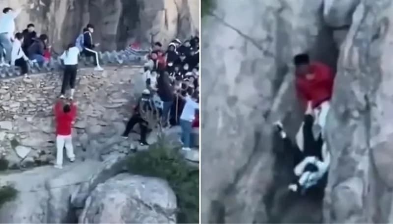 لحظات تحبس الأنفاس لزوجين ينزلقان من قمة جبل في الصين .. فيديو