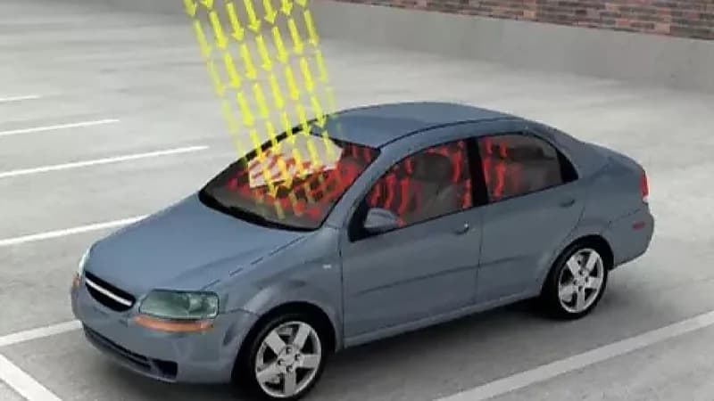 المسند يستعرض مشهد وقت الظهيرة لارتفاع درجات الحرارة وتدفق هواء المكيف داخل السيارة