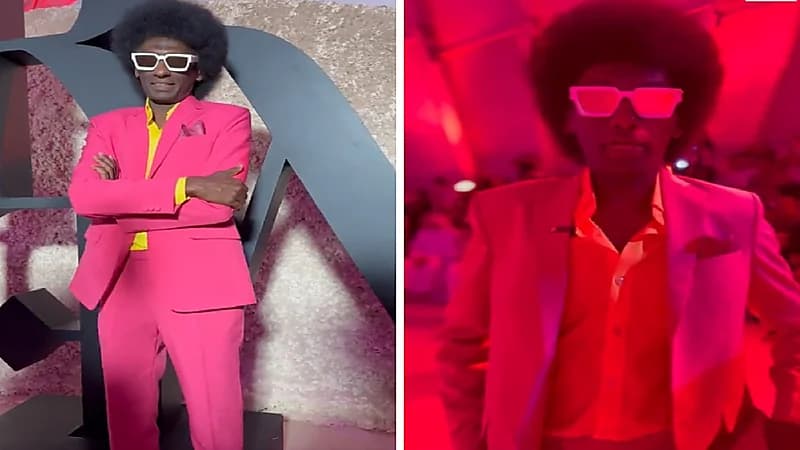 زائر في أسبوع الموضة بالرياض يخطف الأنظار ببدلة وردية.. فيديو